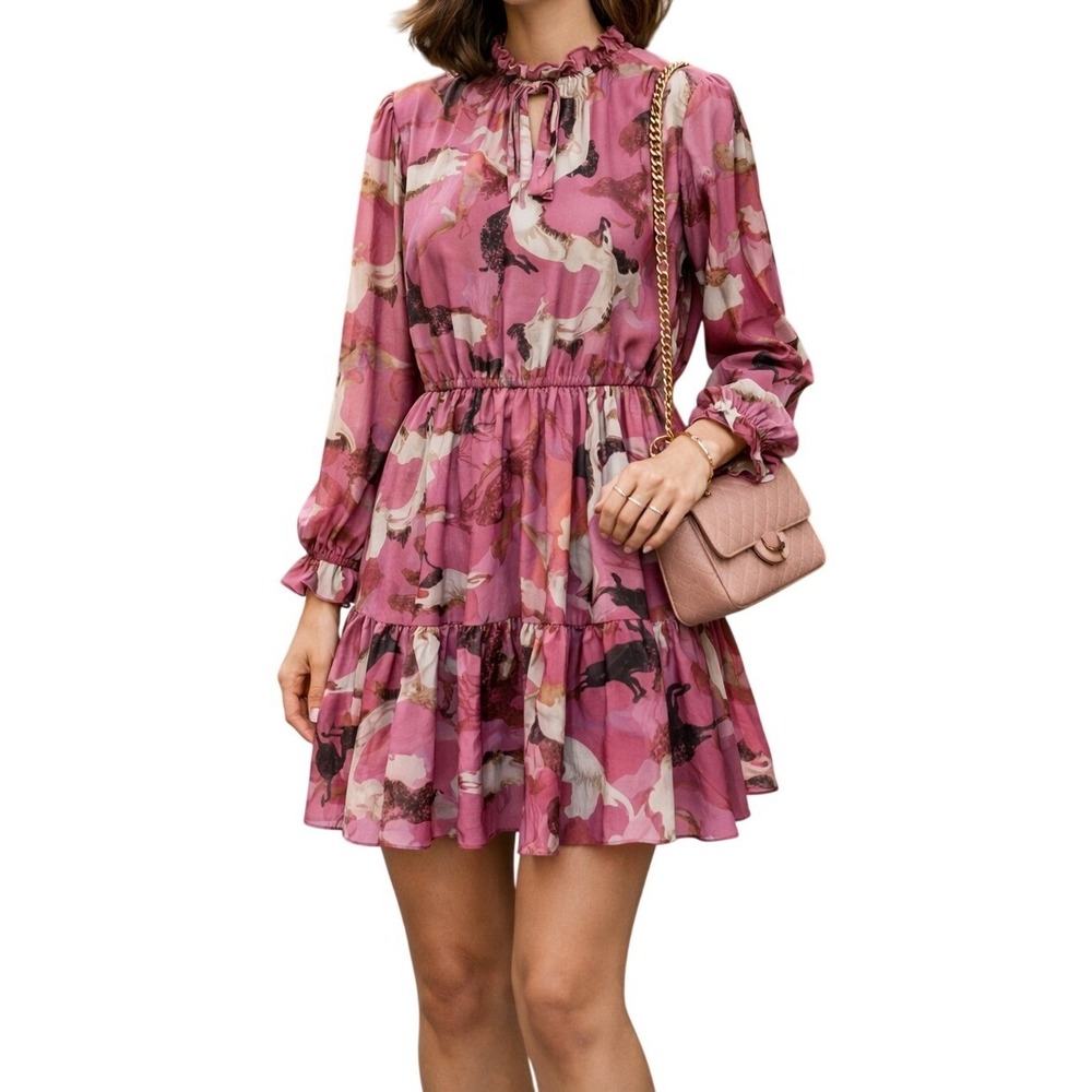 Pink Abstract Print Mock Neck Long Sleeve‎ Ruffle Hem Dress Womens XL Nine West